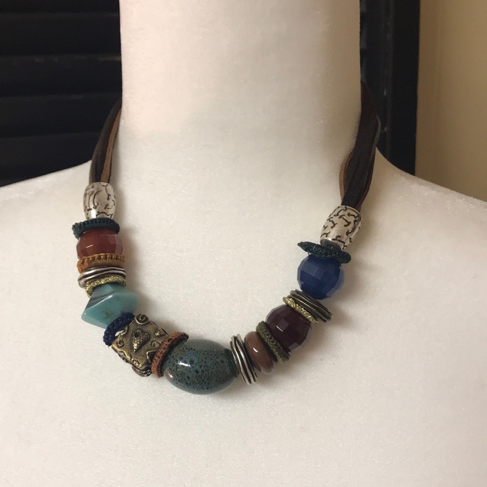 Chicos leather and mixed object statement necklace